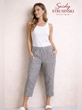 Old Navy Linen Blend Striped Pants Size 12 Elastic Waist Cropped Casual Chic
